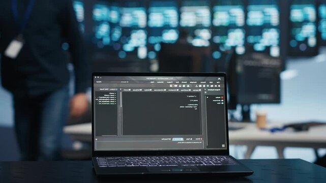 Laptop script runs in a server room while a background expert safeguards supercomputers and data from threats during security work inside an infrastructure security workflow.