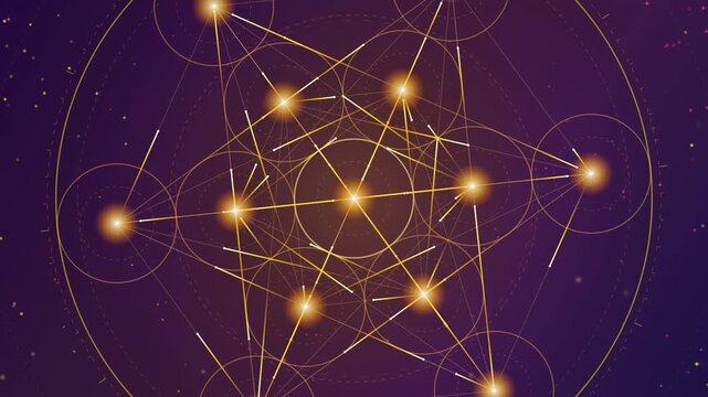 Rotating sacred geometry Metatron cube symbol with glowing gold lines on purple space background