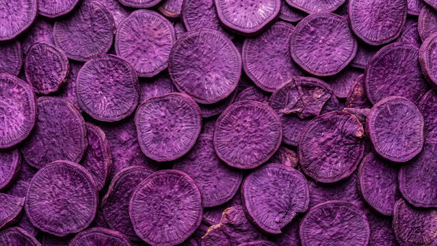 Pile of dried purple sweet potato slices, scattered full frame texture in deep purple
