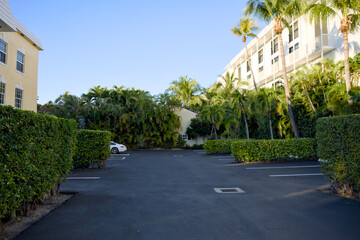 Obraz premium Quiet parking lot bordered by manicured hedges and buildings under clear blue sky