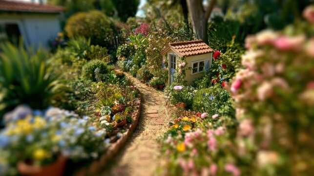 A small garden path leads from a model house to a tiny studio module surrounded by blooming flowers. The scene shows vibrant details of nature.