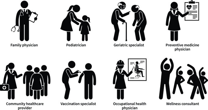 Primary Healthcare Professionals Silhouette Icons Set with Family Physician Pediatrician Vaccination and Wellness Care