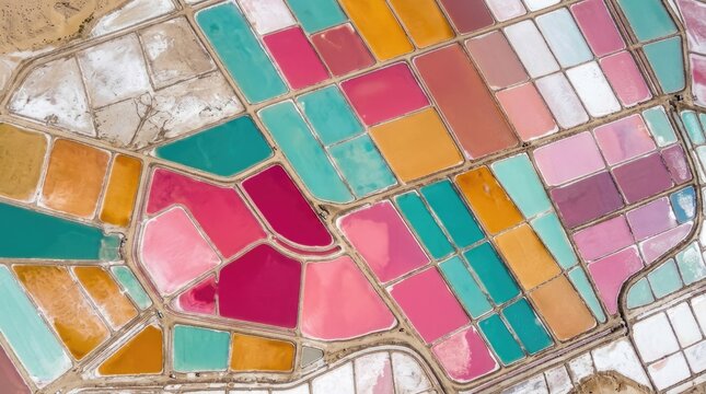 Colorful salt evaporation ponds at a seaside production facility with evaporation, colorful