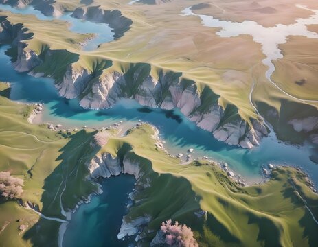 Vue a&eacute;rienne, paysage fluide, lumi&egrave;re du matin, lueurs orang&eacute;es, 4K, ultra photor&eacute;aliste, haute r&eacute;solution