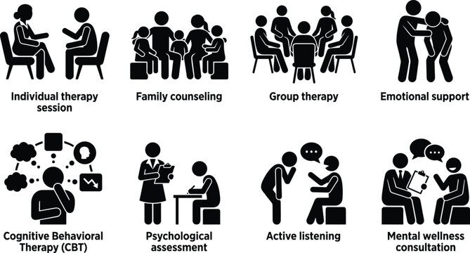 Mental Health Therapy and Counseling Silhouette Icon Set for Psychological Support and Wellness