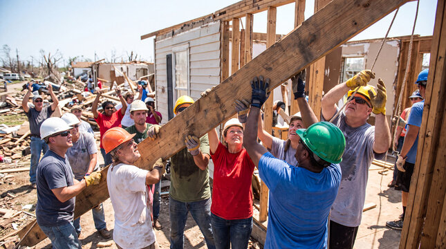 Volunteers rebuilding a destroyed home. Diverse team working together on disaster recovery.