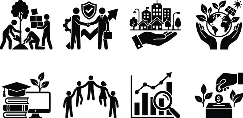 Fototapeta premium Corporate Social Responsibility and Sustainability Silhouette Icon Set for ESG and Community Development
