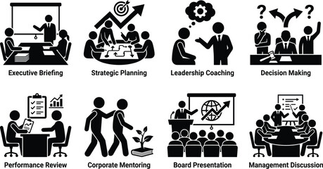 Fototapeta premium Business Leadership and Strategic Management Black Silhouette Icon Set for Executive Meetings and Decision Making