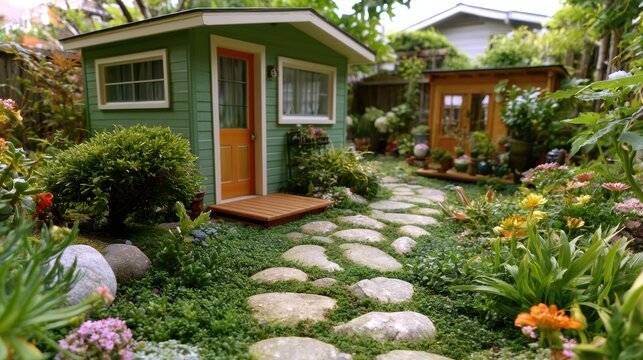 A miniature garden path leads from a model house to a tiny studio module lined with flowers, plants, and stones in a backyard setting.