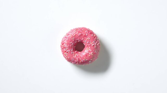 Top view closeup of sweet pink donut rotating on white  background. Colorful sweet pastry
