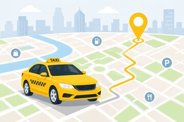 Fototapeta premium Yellow taxi cab navigating city streets with GPS route. Urban transportation vehicle following digital map directions for efficient travel.