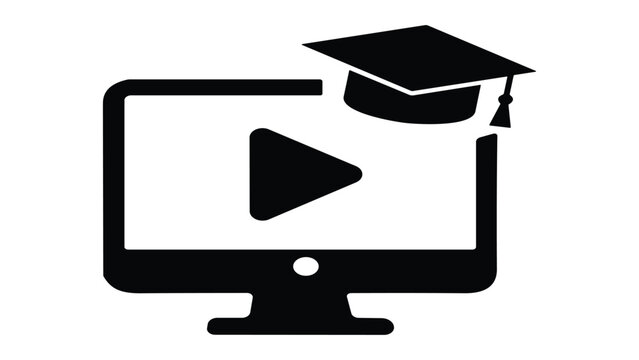 E-learning and digital education icon with mortarboard and video player interface vector isolated on white background