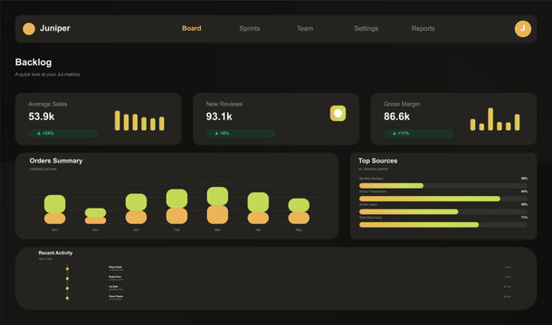 Juniper company dashboard displaying sales, new reviews, gross margin, orders summary, top sources, and recent activity metrics for July.