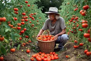 Fototapeta premium Elderly farmer with mustache harvests ripe red tomatoes in a basket