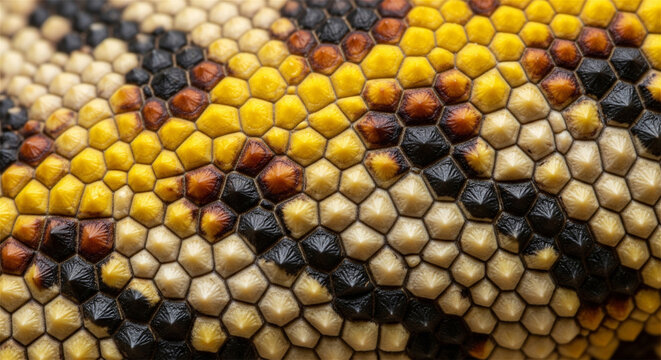 Reptile skin texture macro, yellow and black lizard scales pattern, natural animal skin background