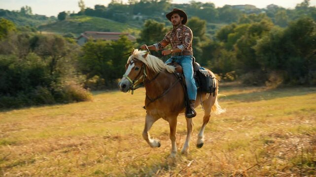 Man galloping on a wild horse in a pristine Italian countryside at sunset