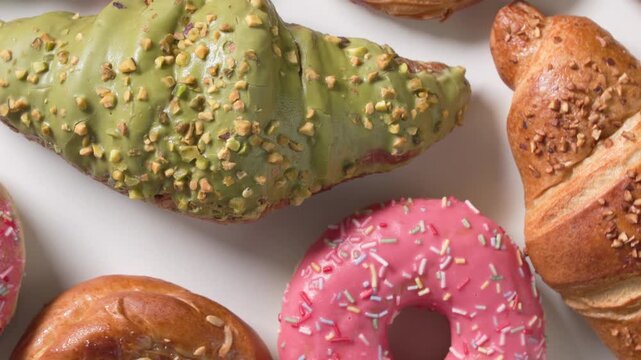 Top view close-up of an assortment of freshly baked sweet pastries, buttery croissants, colorful doughnuts, and a pistachio-filled croissant slowly rotating on a white background