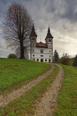 Obraz premium St.Volbenka in Logu parish church, Renaissance-Baroque from 1660-90 with two bell towers, their onion domes remade in 2006. Skofja Loka-Slovenia-166