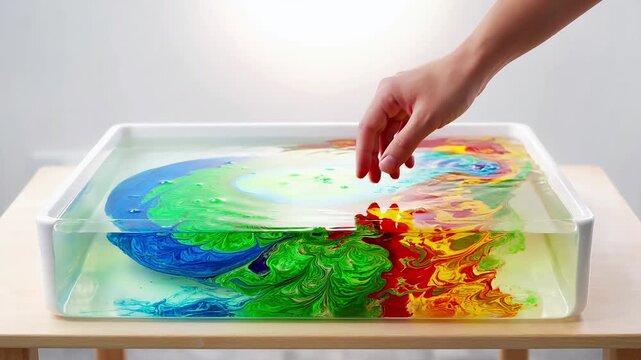 Hand dropping green ink into water. Colorful liquid diffusion in a clear glass container.
