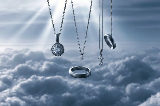 Elegant silver jewelry pieces floating above soft clouds