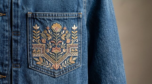 Embroidered floral design on denim jacket pocket  
