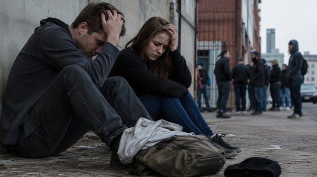 Desperate young couple sitting on the sidewalk facing poverty, homelessness, and economic hardship in an urban environment