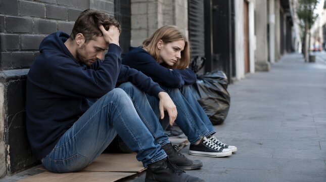 Discouraged young adults sitting on an urban sidewalk expressing economic hardship, unemployment, housing insecurity and uncertain prospects in a modern city environment.