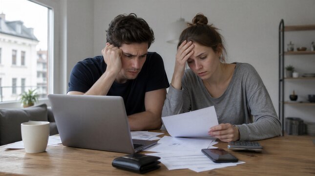 Stressed young couple reviewing bills and financial documents together at home, facing debt and economic crisis