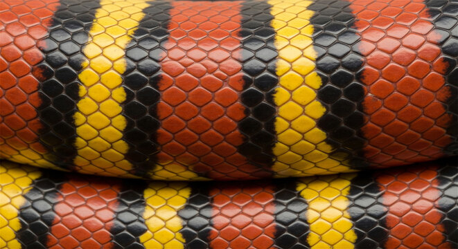 Vibrant snake skin texture, close up of colorful milk snake scales, natural red black and yellow reptile pattern background