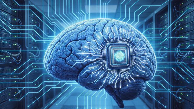 Human brain with integrated microchip glowing in data center. Artificial intelligence and neural network concept. Lockdown shot.