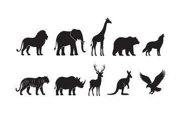 Fototapeta premium Black silhouette collection of wild animals and birds