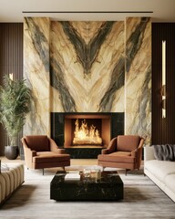 Obraz premium A warm living room features a stone fireplace, cozy chairs, and a unique wall pattern that mixes strength and comfort.
