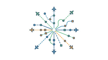 Professional Colorful Airport Route Network Diagram with Airplanes Circles and Squares Connected by Lines © As'ad Humam