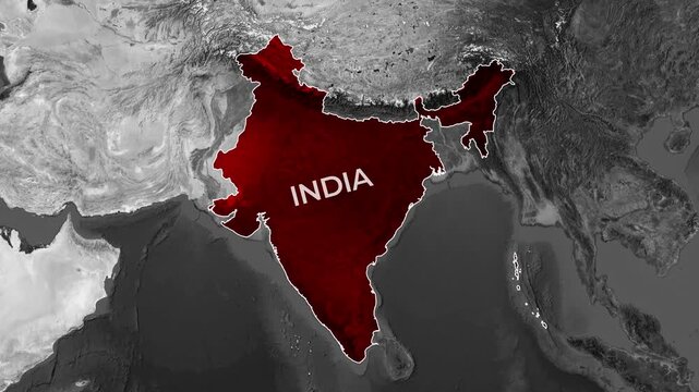 Animated map zoom on red India highlighting the capital region of Delhi