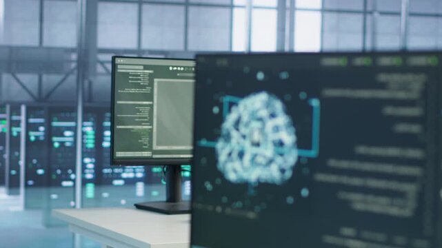 Computers in empty data center use AI to develop pattern recognition, while detailed PC displays in server farm using artificial intelligence to analyze raw data, draw inferences and make predictions.