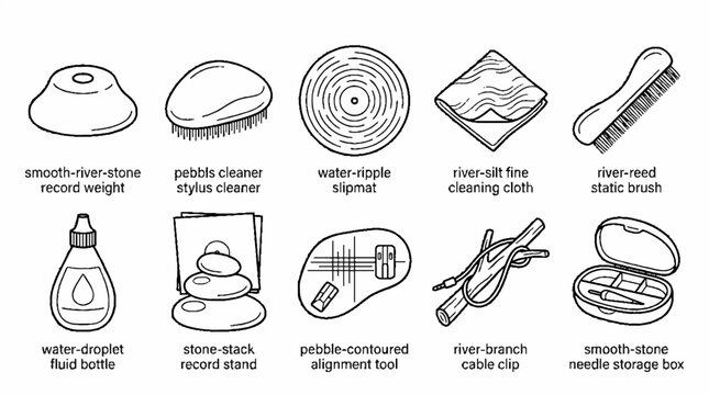 A collection of hand drawn vinyl record cleaning and maintenance accessories.