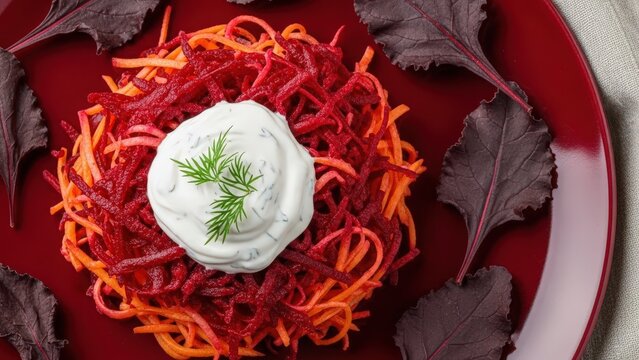 Macro detail of Shalgam shredded beet and carrot salad with sour cream gel and micro-dill, featuring a dried beet leaf and traditional wool textile on the edge against a deep red background with space