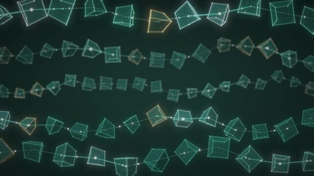 Blockchain cubes glowing wireframe blocks linked in a digital data network seamless loop in rich emerald tones