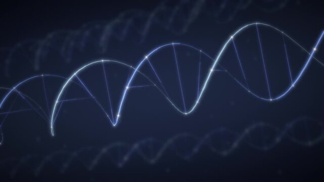 Rotating DNA Double Helix with Glowing Strands and Base Pairs seamless loop in bright blue tones