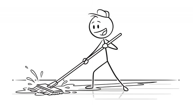 Joyful Stickman Sweeping with Cap and Smiling on White Background