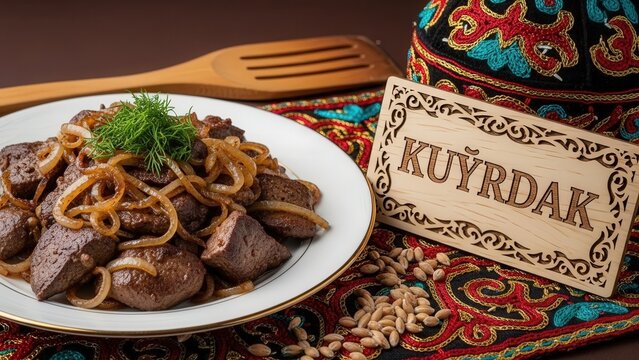 Macro detail of Kuyrdak beef offal stir-fry featuring seared liver, heart, caramelized onions, and micro-dill, with a carved birch wood plaque, traditional silk textile, wooden spatula, and barley