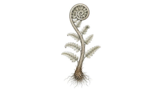 Fern Fiddlehead with Roots Illustration on Transparent Background