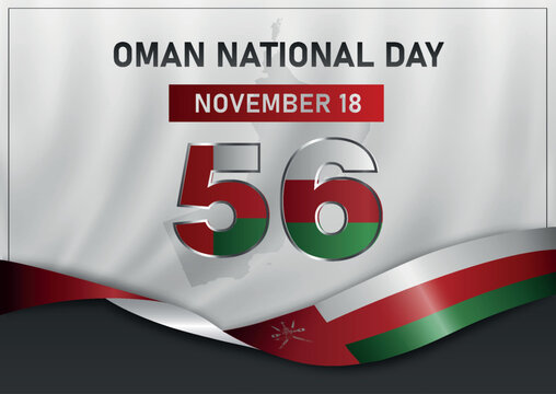 Oman National Day design with waving flag, national emblem and number 56 in Omani colors. Text reads Oman National Day and November 18 . Vector illustration