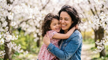 Fototapeta premium Joyful mother embracing her young daughter amidst blooming white cherry blossom