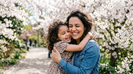 Fototapeta premium Joyful mother and daughter embracing amidst blooming spring cherry blossom trees