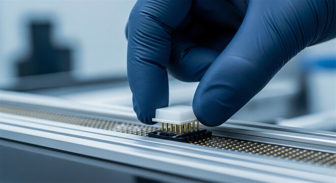 Precision microelectronics assembly, gloved hand placing microchip on circuit board, high-tech semiconductor manufacturing process