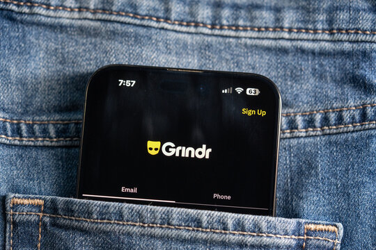 Close up of Grindr app on smartphone screen. Toronto, Canada - July 24, 2026.