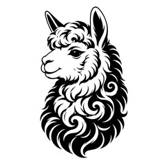 Obraz premium Black and white alpaca portrait with fluffy wool and a friendly expression, ideal for animal, farm, mascot, logo, tattoo, or decorative design.