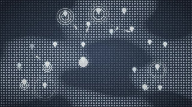 Abstract Dotted World Map with Dropping Location Pins and Pulsing Radar Rings, Global Network Business Background, seamless loop in calm steel tones