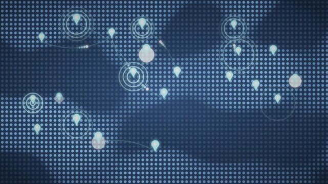 Abstract Dotted World Map with Dropping Location Pins and Pulsing Radar Rings, Global Network Business Background, seamless loop in deep navy tones